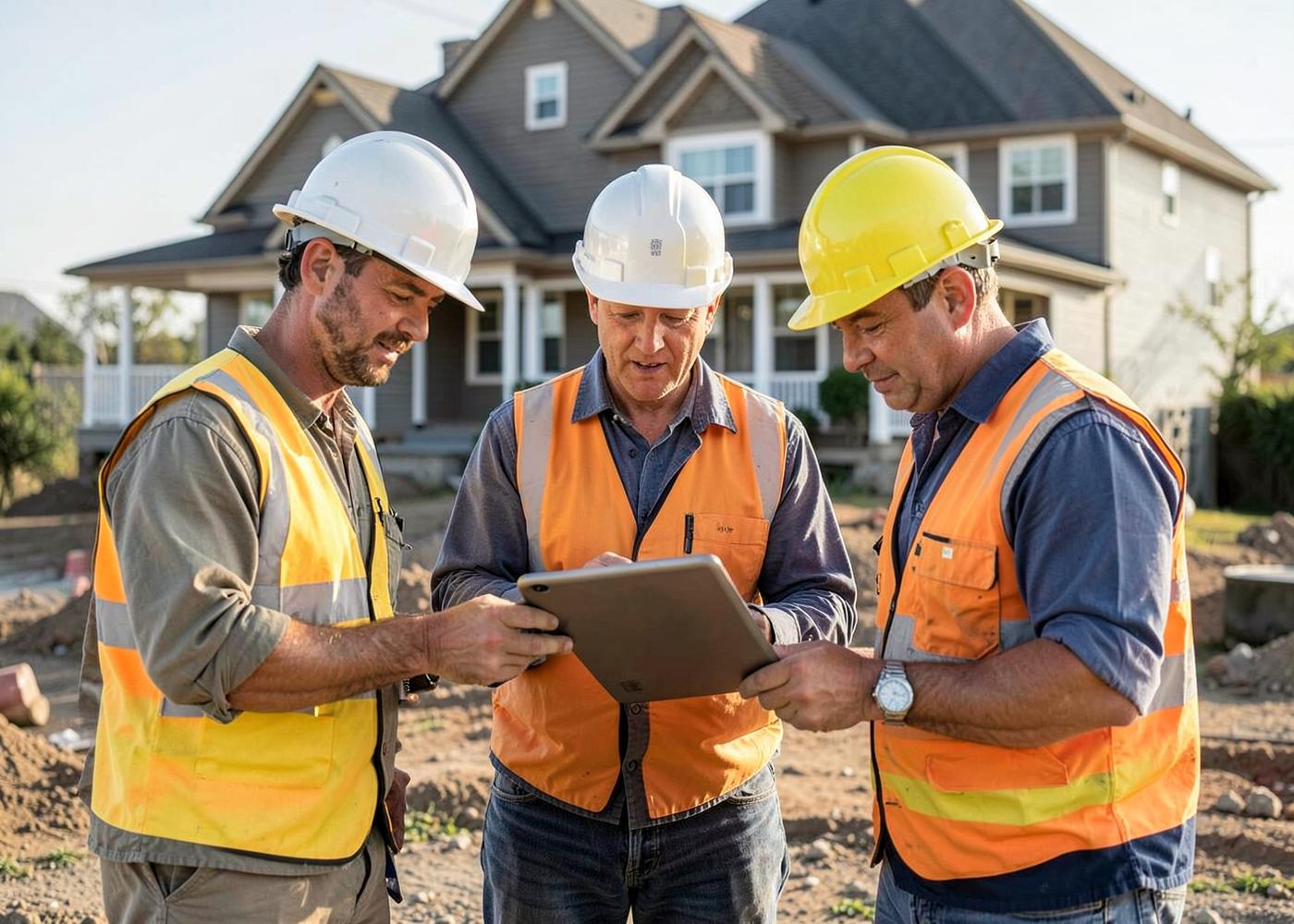 Three contractors reviewing job site photos on a tablet in front of a house