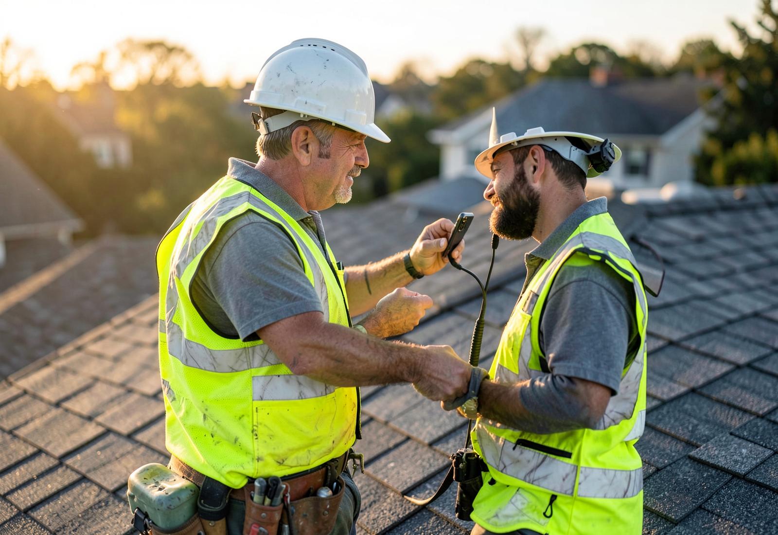 Two roofing contractors reviewing a job site photo on a phone at sunset